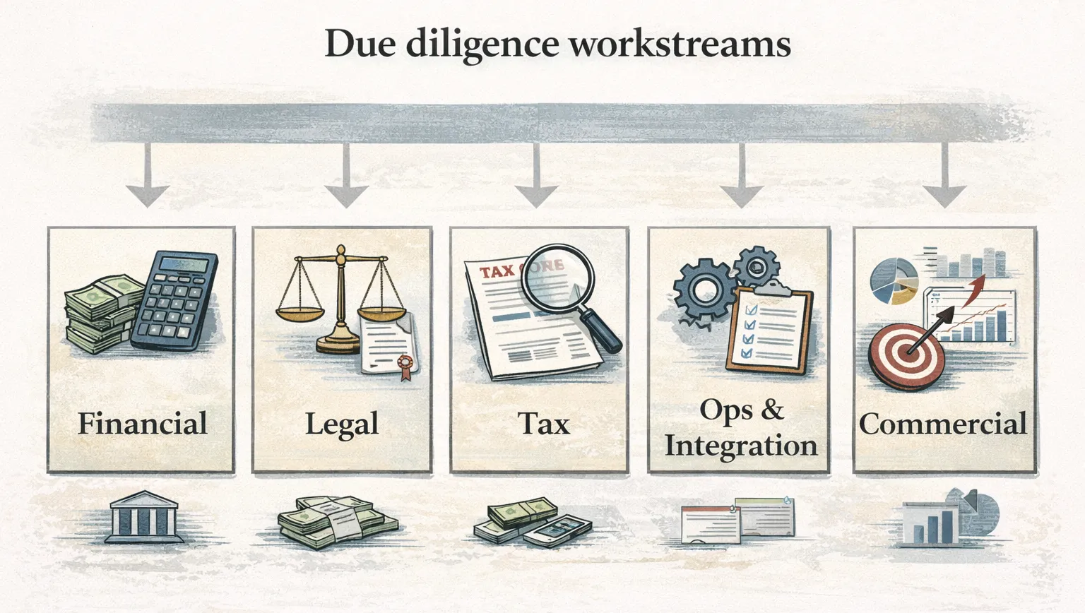 Due diligence workstreams diagram covering financial, legal, tax, ops, and commercial diligence.