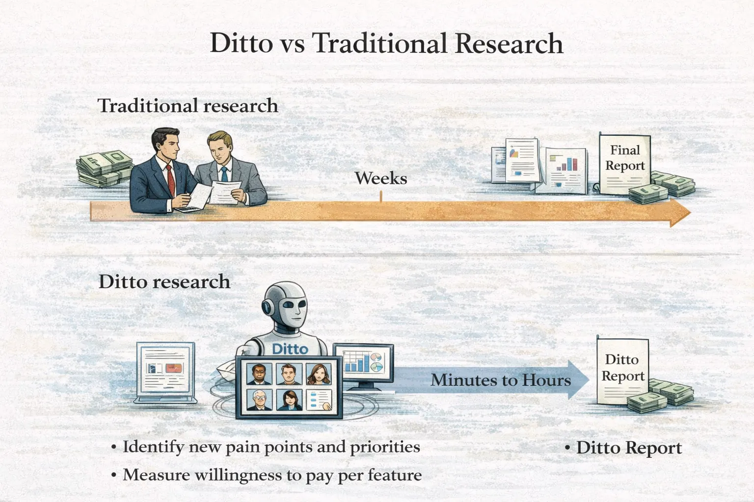 Fish.Dog vs traditional research timeline comparing weeks to minutes.