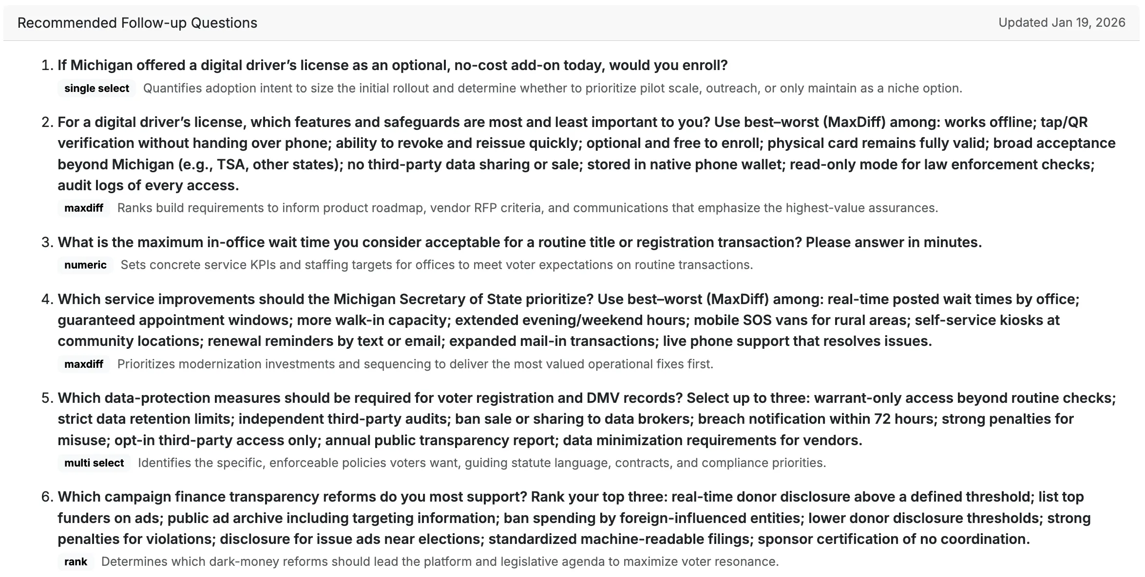 Examples of follow-up questions for constituent research.