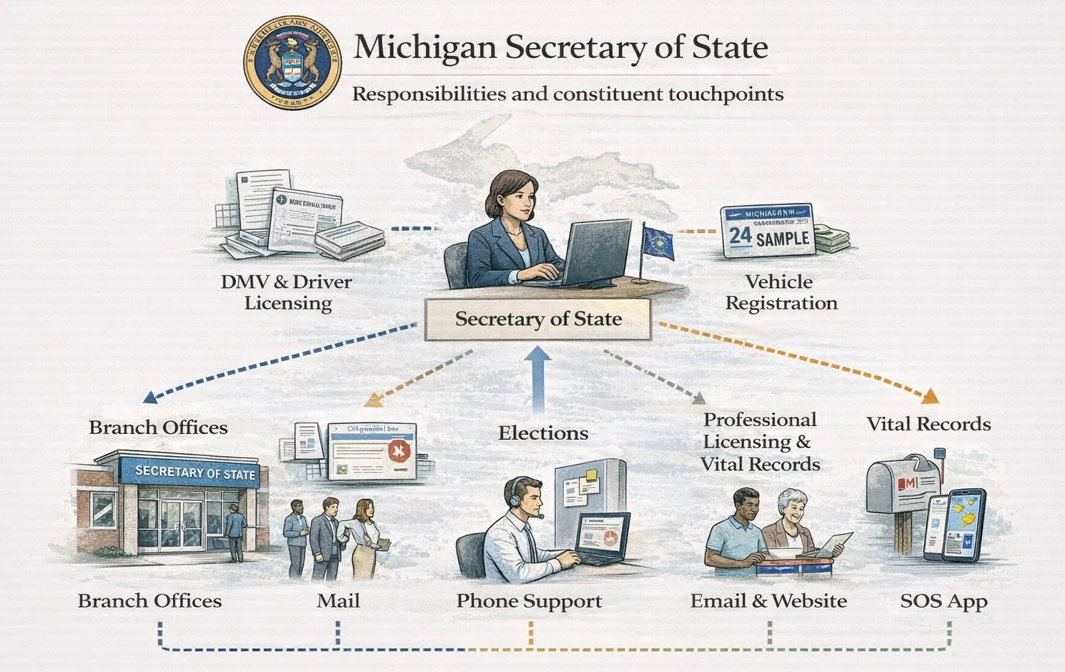 Michigan Secretary of State responsibilities and constituent touchpoints map.