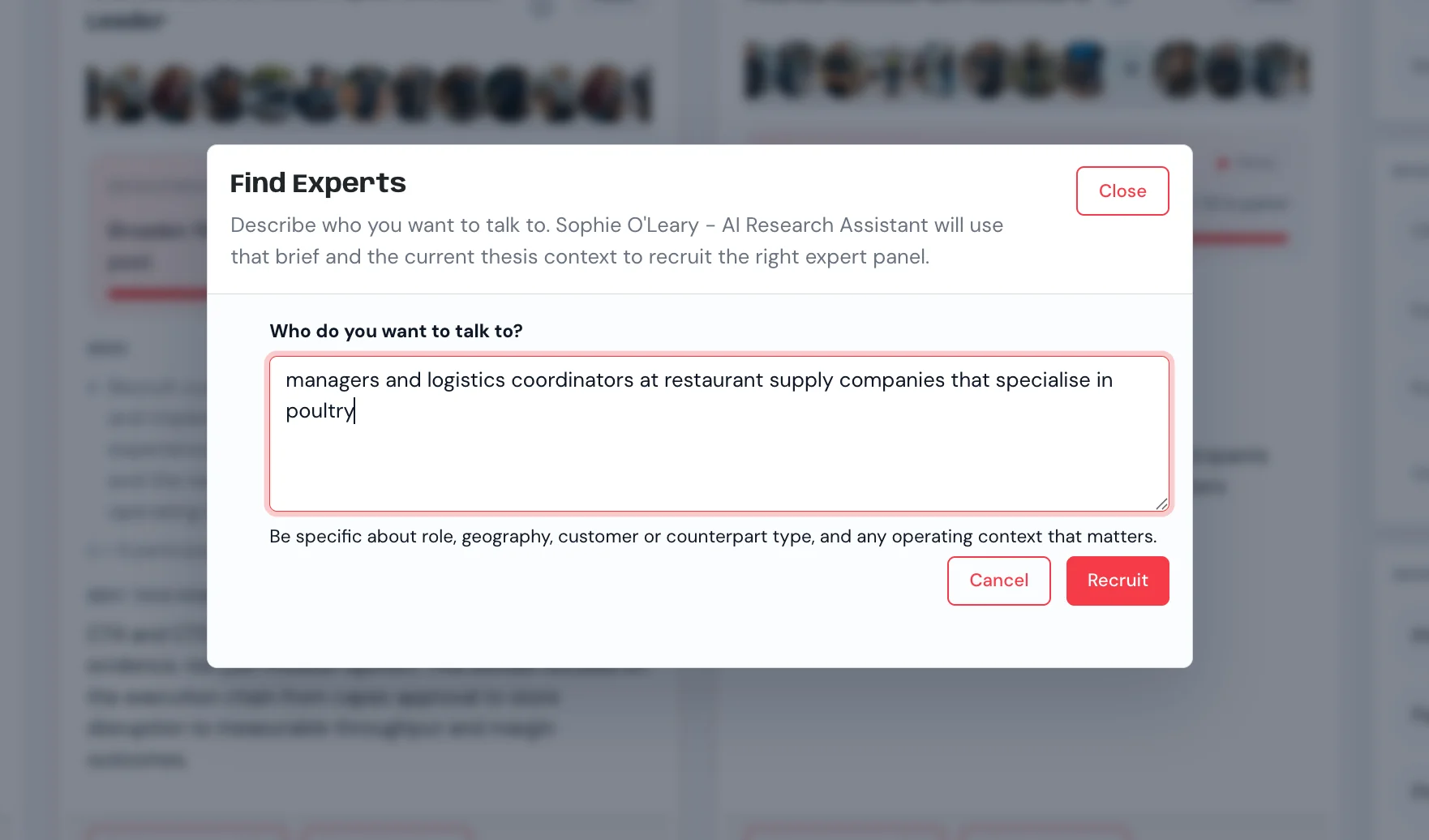 Find Experts modal - describing the cohort to recruit in plain English